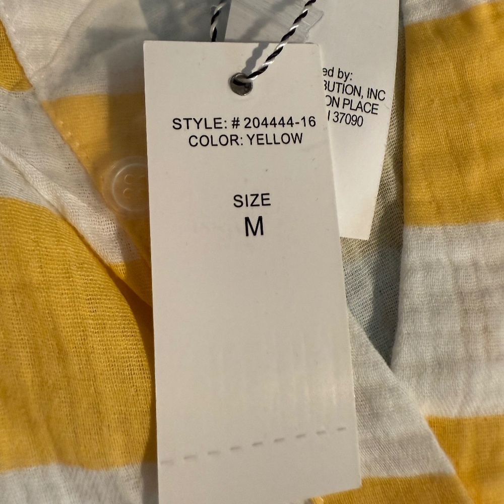 Kaktus Yellow & White Striped Roll Tab Sleeve Top Sz Med. - Picture 7 of 7